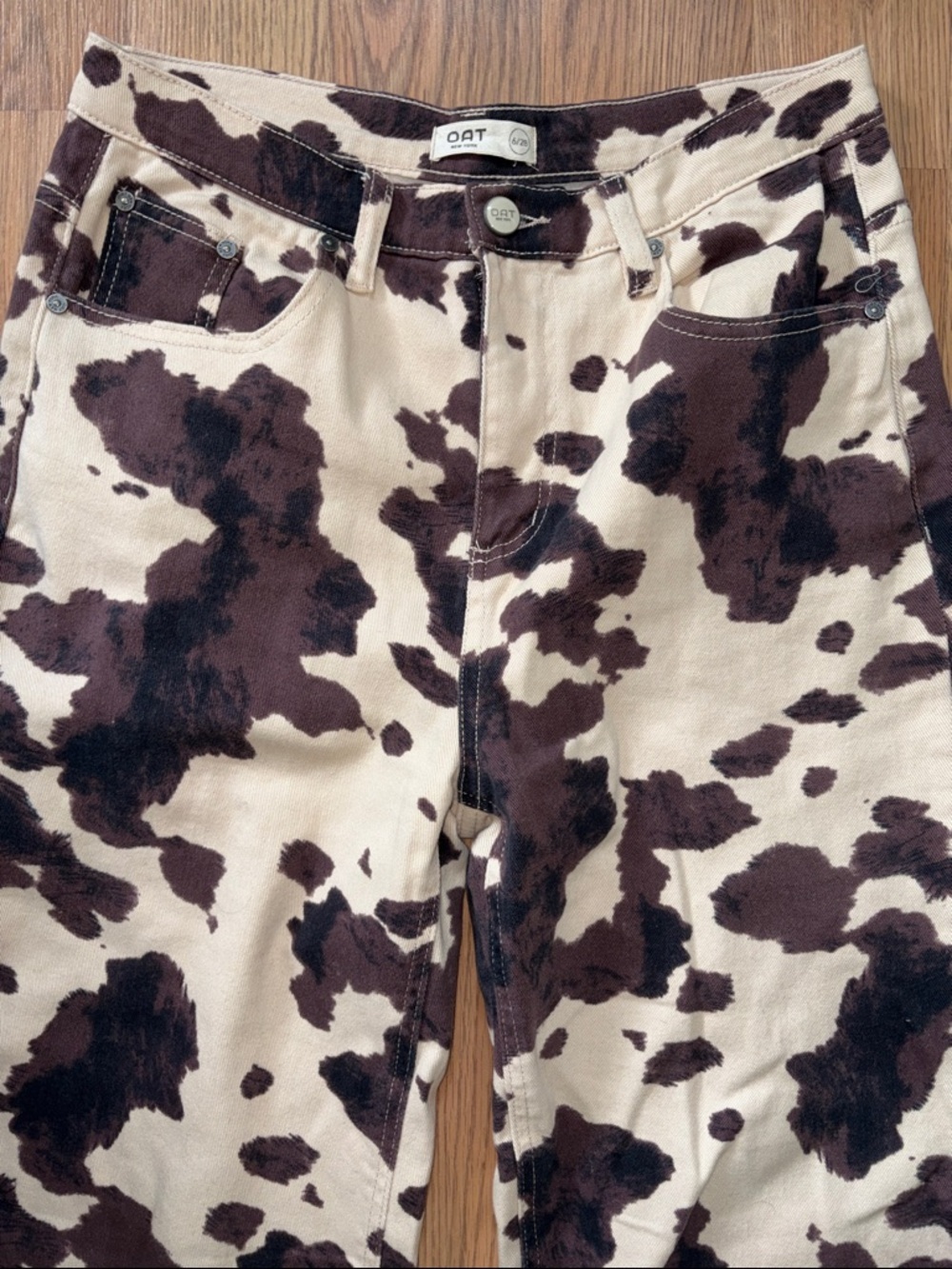 Oat New York Cream and Dark Brown Cowprint Wide Leg Jeans - Picture 4 of 7